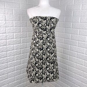 Gap Stretch Floral Strapless Dress Black Cream Fit And Flare A Line Sz 2 Cotton